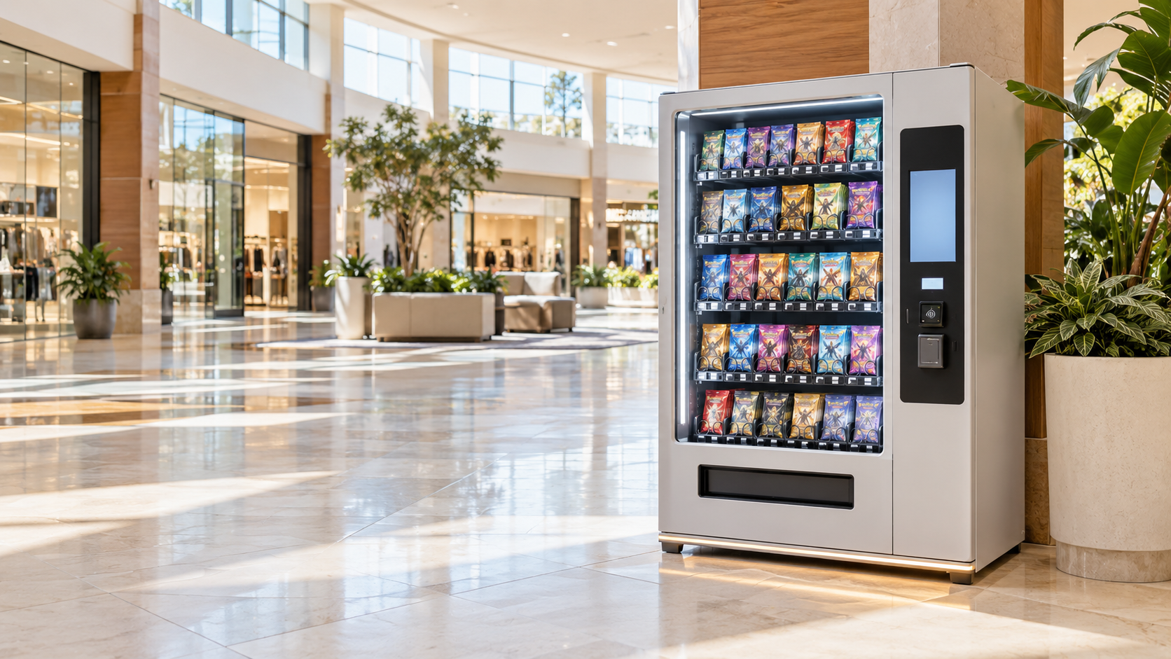 Concept of a trading card vending machine in a bright shopping center